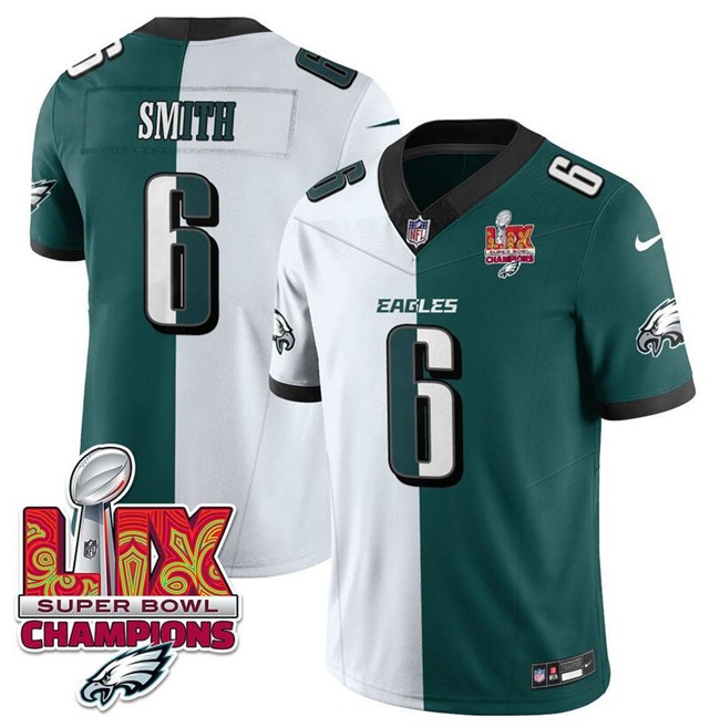 Men's Philadelphia Eagles #6 DeVonta Smith White/Green Split 2025 Super Bowl LIX Champions Patch F.U.S.E. Vapor Untouchable Limited Stitched Football Jersey
